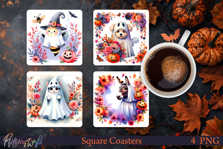 Halloween Square Coasters | Bee and Dog and Cat