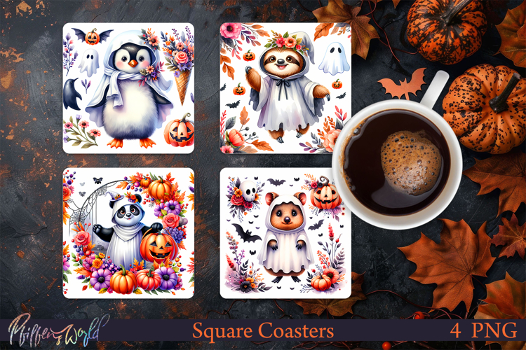Halloween Square Coasters | Penguin and Sloth