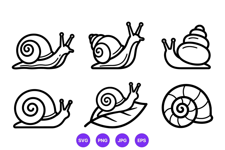 Black and white line art snail icons six