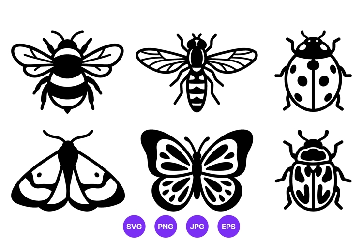 Black and white insect icons bee butterfly moth ladybug