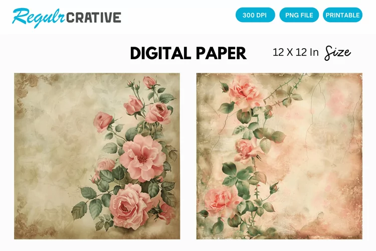 Vintage Watercolor Pink Roses Digital Paper