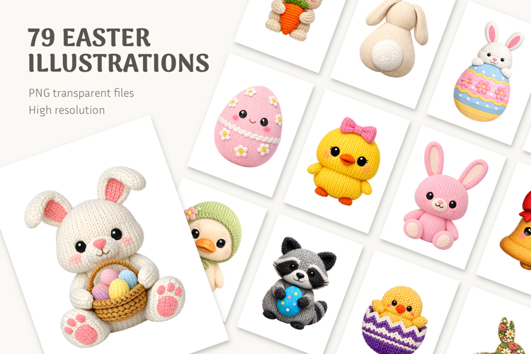 79 Easter Crochet PNG Bundle, Cute Knitted Animals Clipart
