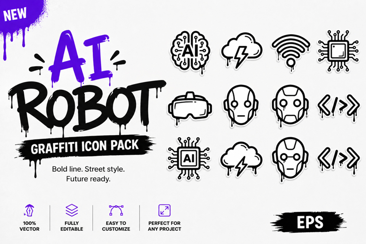 AI Robot Graffiti Icon Pack Futuristic Tech Urban Vector