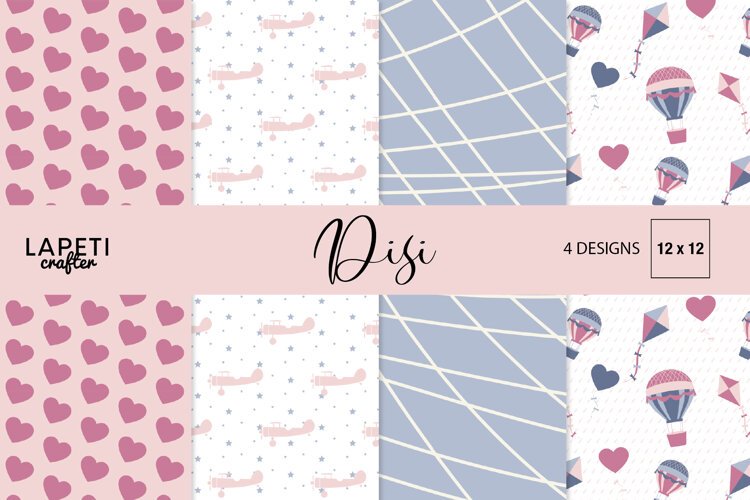 Four digital papers with airplanes, hot air balloons, kites, hearts and geometric patterns
