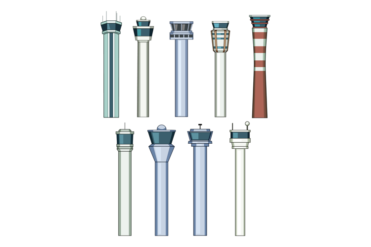 Collection of modern airport control tower illustrations for