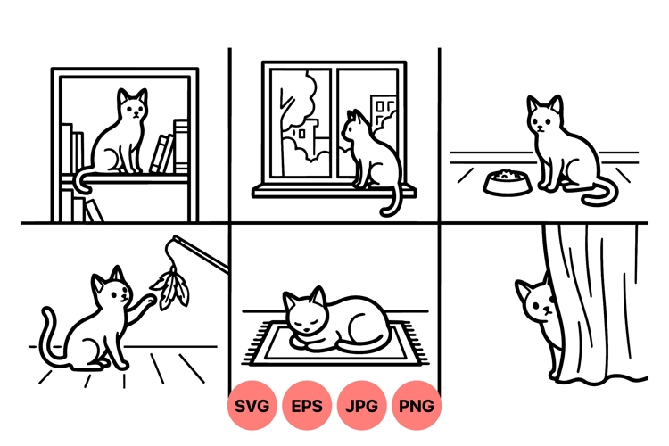 Cute Cat Line Art SVG With Playful Scenes