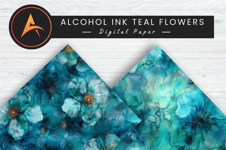 Alcohol Ink Teal Flowers Digital Paper Background example image 1