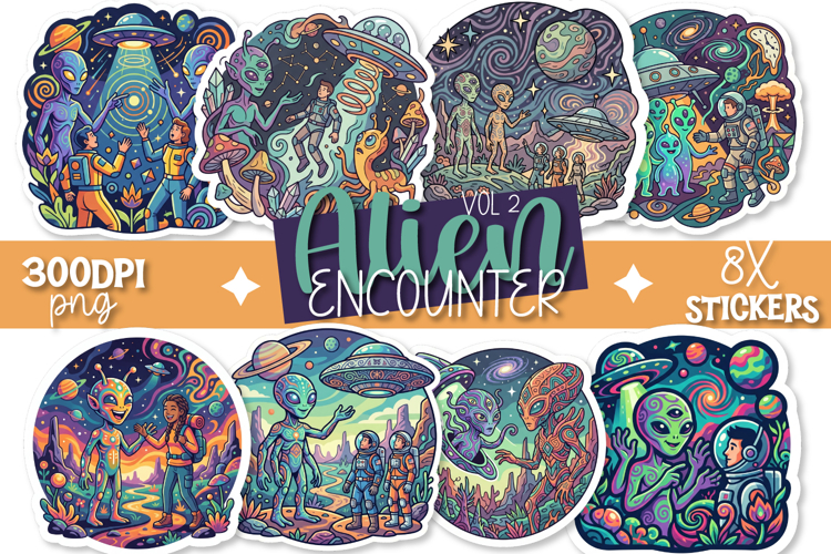 Alien Encounter Vol 2. Stickers 8x Designs Transparent PNGs