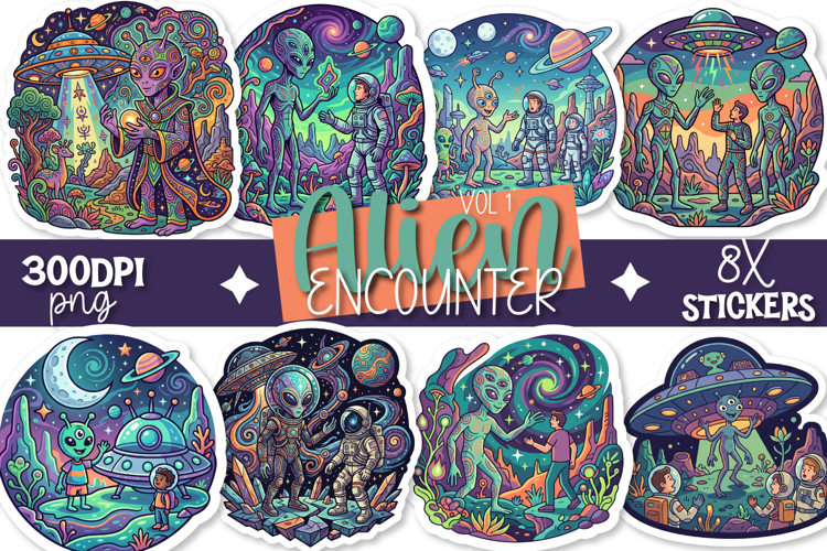 Alien Encounter Vol 1. Stickers 8x Designs Transparent PNGs