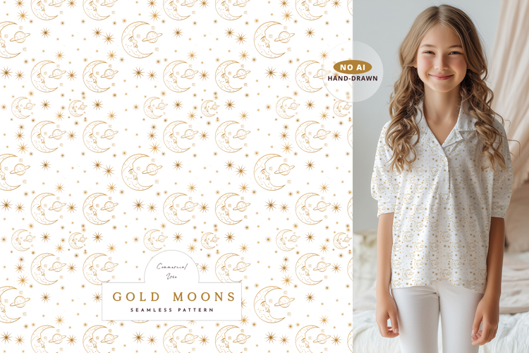 Gold Celestial Moons and Planets Seamless Repeat Pattern