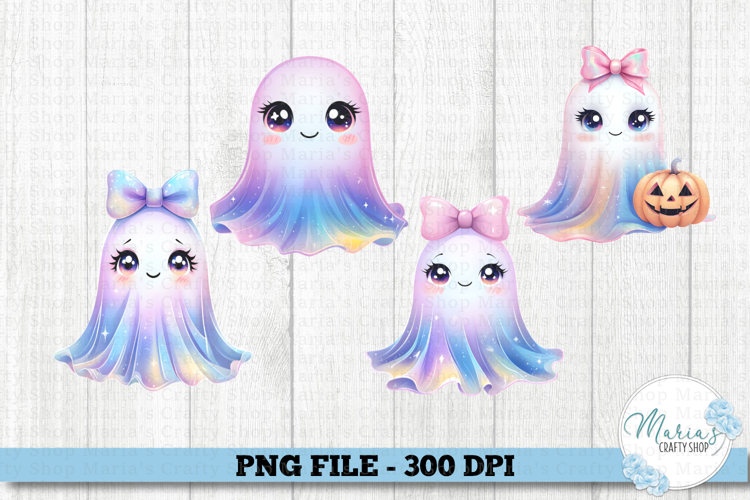 Iridescent Ghost Bow PNG, Set of 4, Cute Ghost Clip Art