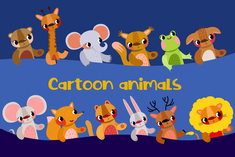 12 Cute Cartoon Forest & Safari Animals Clipart Set