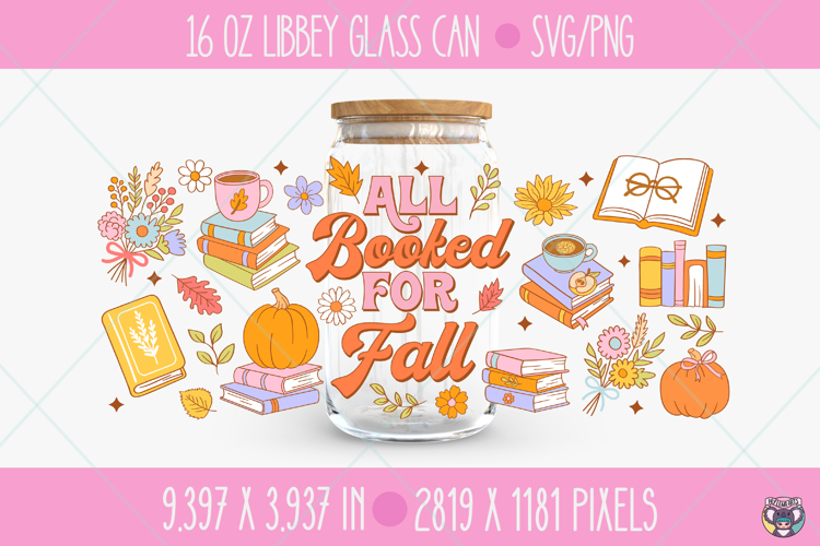 Autumn Bookish Cup Wrap PNG SVG, 16oz Can Glass Cup Design