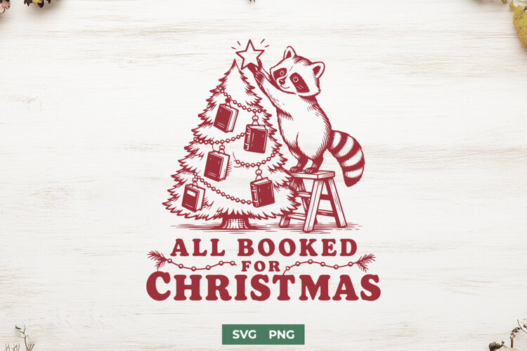 All Booked for Christmas SVG PNG, Raccoon Christmas Book example image 1