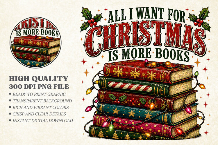 All I Want for Christmas Is More Books PNG, Book Lover example image 1