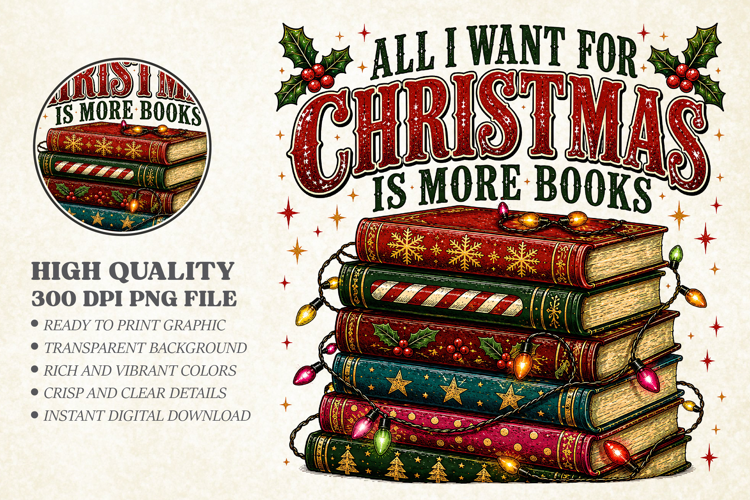 All I Want for Christmas Is More Books PNG, Book Lover