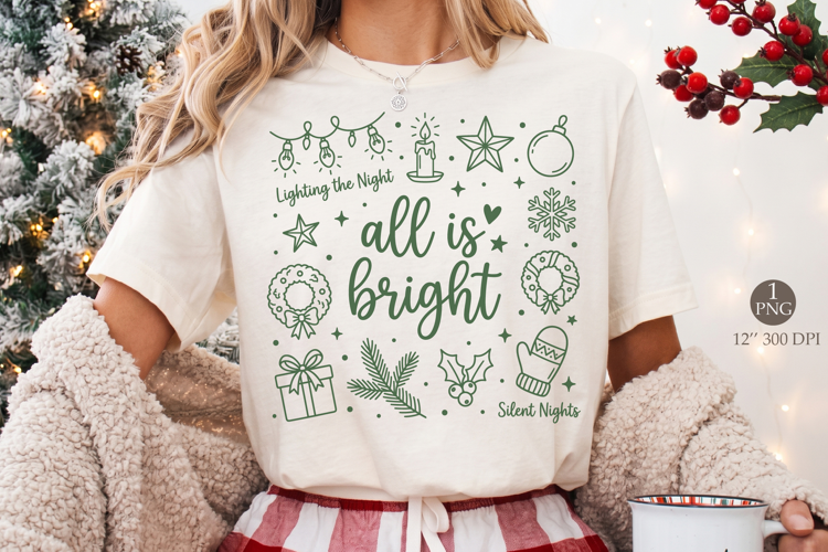 All Is Bright Christmas PNG,Retro Holiday Doodle Shirt