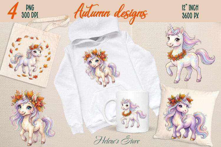 Cute Autumn Unicorn sublimation design| Fantasy fall clipart example image 1