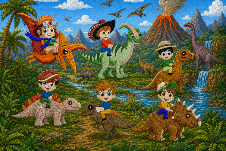 Set of 6 Boys on Dinosaurs with Various Hats Emb Design