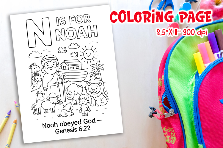 Christian Alphabet Coloring Page N | Noah Bible Verse