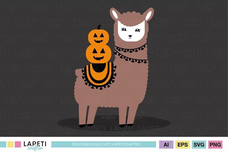 Illustration of an alpaca with pumpkins | Vector editable