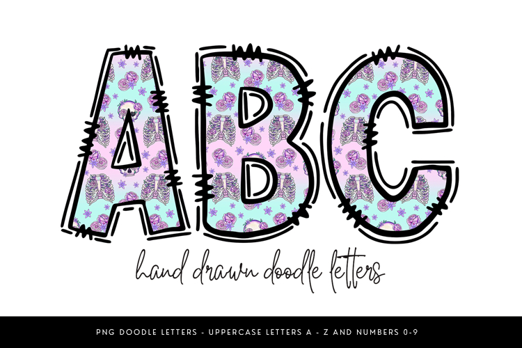 Skeleton Floral Alphabet PNG, Pastel Doodle Letters