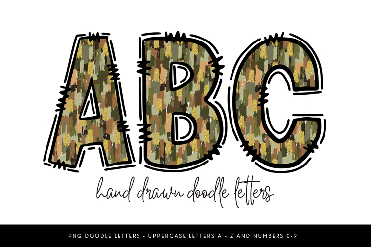 Camo Doodle Alphabet PNG Uppercase Letters A-Z and Numbers 0