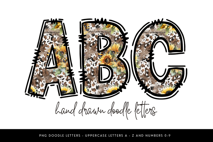 Cow Print Alphabet PNG, Sunflower Doodle Letters