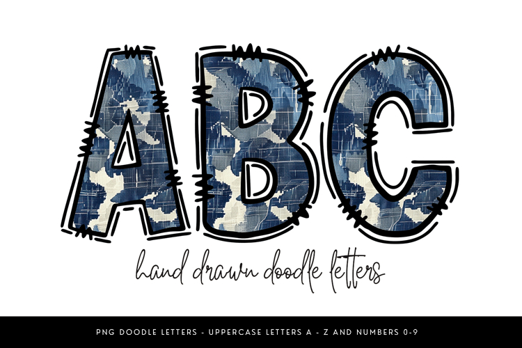 Denim Alphabet PNG, Camo Doodle Letters and Numbers