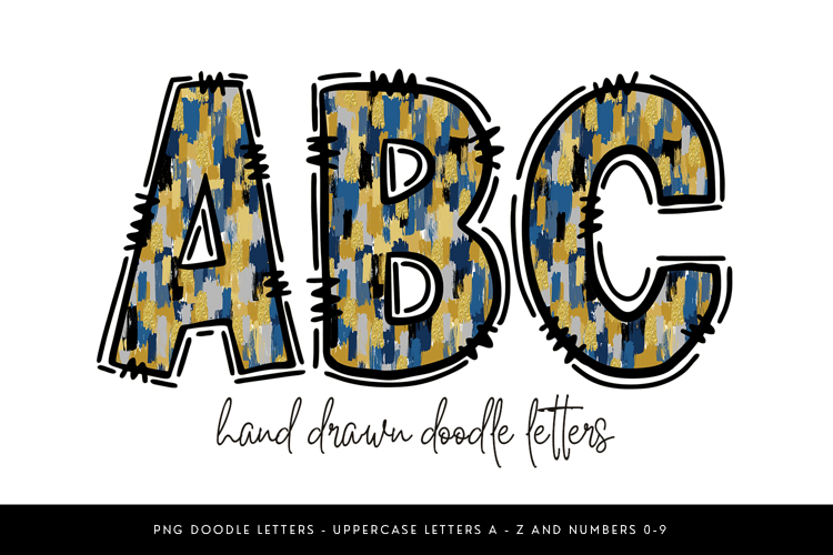Blue Gold Doodle Alphabet PNG Uppercase A-Z and Numbers 0-9