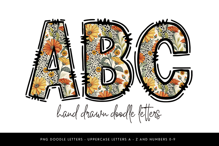 Floral Alphabet PNG, Hand Drawn Doodle Letters