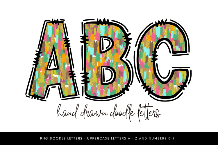 Rainbow Doodle Alphabet PNG Uppercase Letters and Numbers