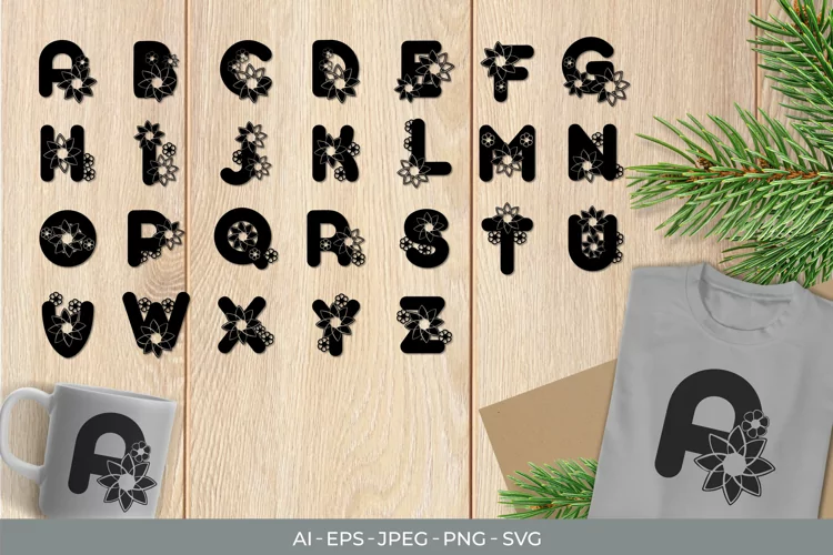 Flowers on Alphabets Monogram Letters A-Z