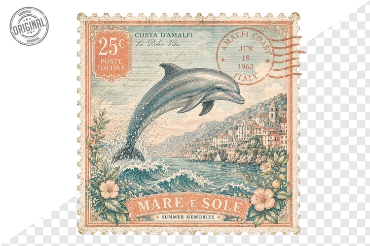 Amalfi Coast Dolphin Vintage Postage Stamp PNG Artwork