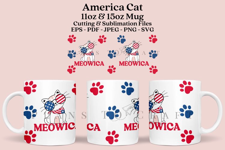America Cat 4th of July Mug Sublimation Wrap 11oz - 15oz
