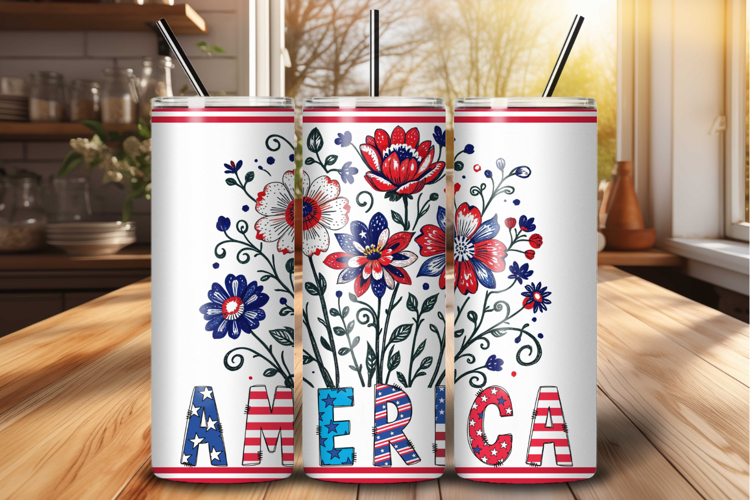 Patriotic America Floral 20 oz Tumbler Wrap Sublimation