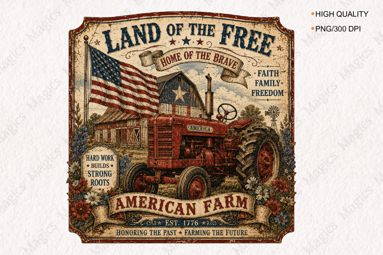American Farm Tractor Vintage Patriotic Sign PNG