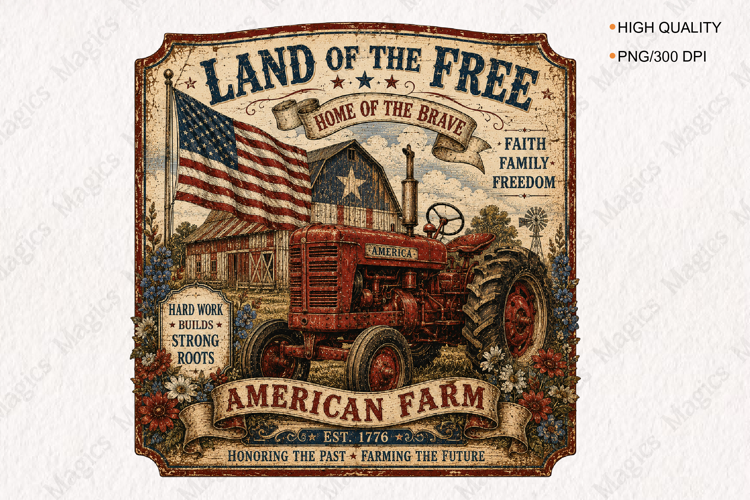American Farm Tractor Vintage Patriotic Sign PNG