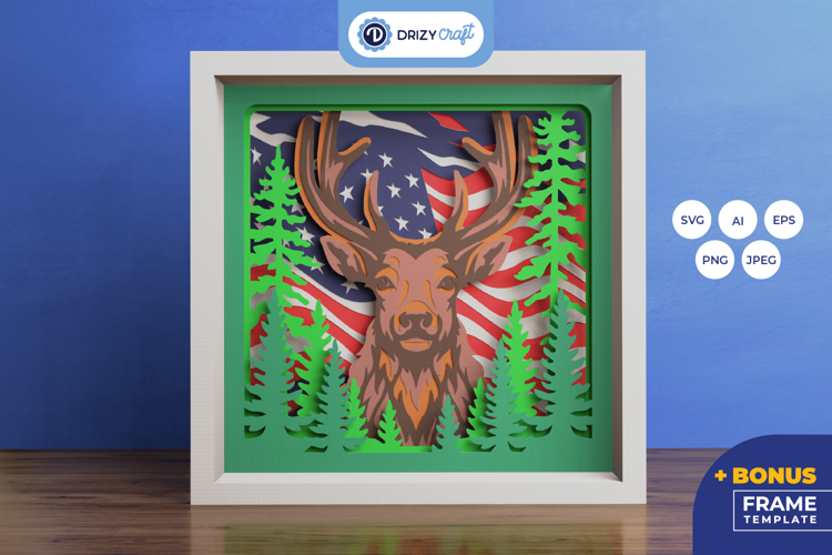 American Elk 3D Shadow Box Patriotic Pine Forest 3D SVG