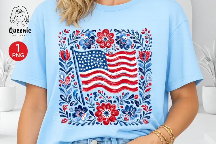 Patriotic American Flag Folk Art PNG 4th of July Floral