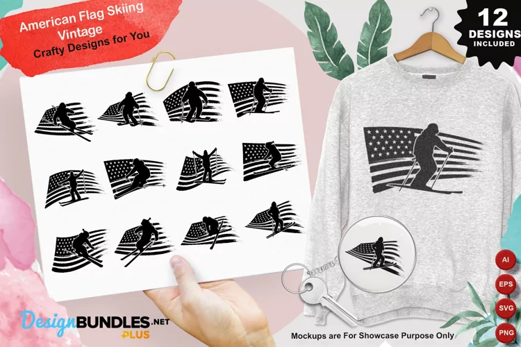 American Flag Skiing Vintage Clipart Set