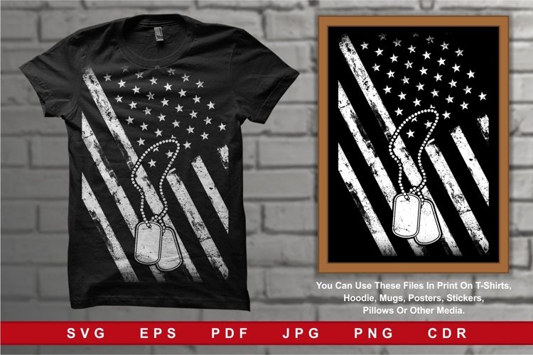 Illustration American Flag with a Dog Tag BW Version