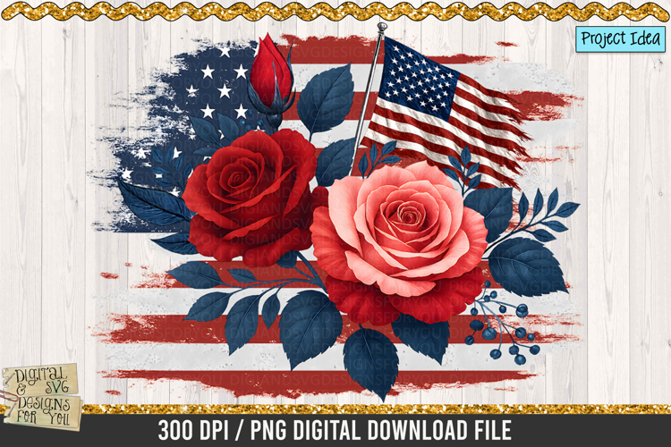 American Rose and Flag is a professional design that is available at 300dpi PNG to use for Sublimation, iron-on transfer, DTG Printing and normal printing.