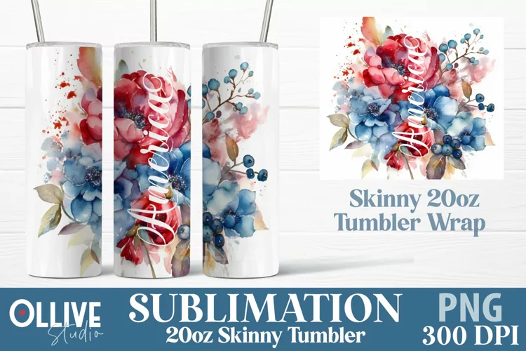 Patriotic Tumbler Wrap Watercolor Flowers Sublimation PNG