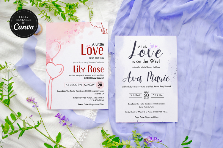 Editable Canva AMORE Baby Shower Invitation Card Template
