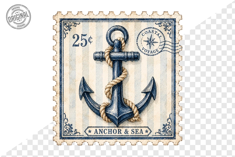 Anchor And Sea Nautical Postage Stamp PNG Artwork