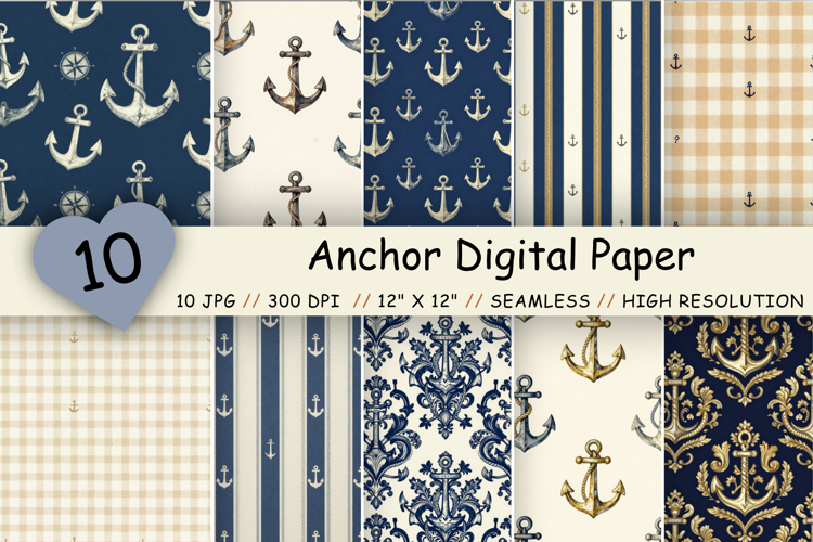 Anchor Digital Paper Pack, Classic Nautical Seamless Pattern