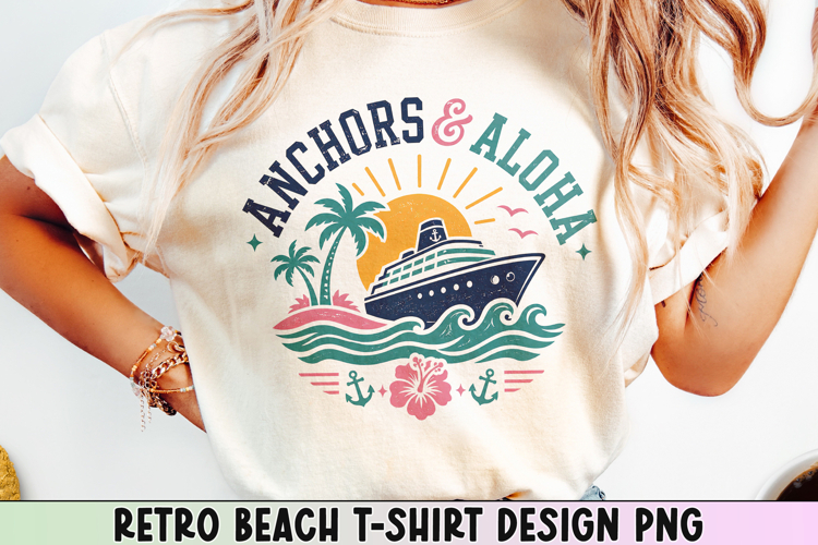 Retro Beach T Shirt Design, Distressed Coastal Sublimation.
