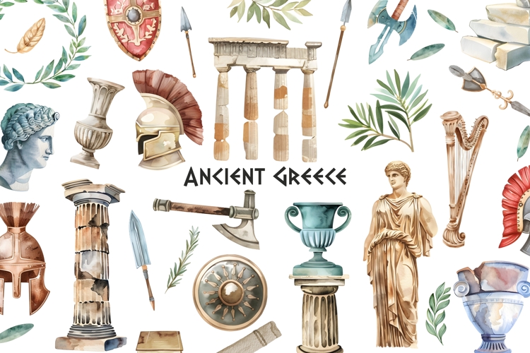 Watercolor Ancient items clipart. Ancient Greece set