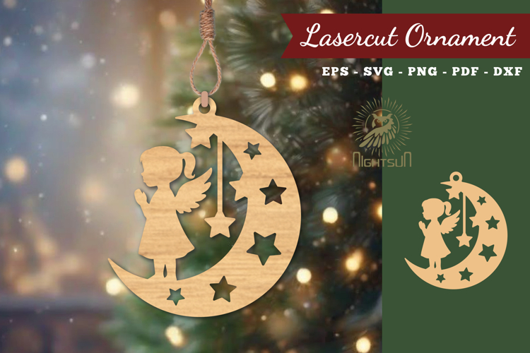 Angel Kids in Moon Lasercut Ornament SVG